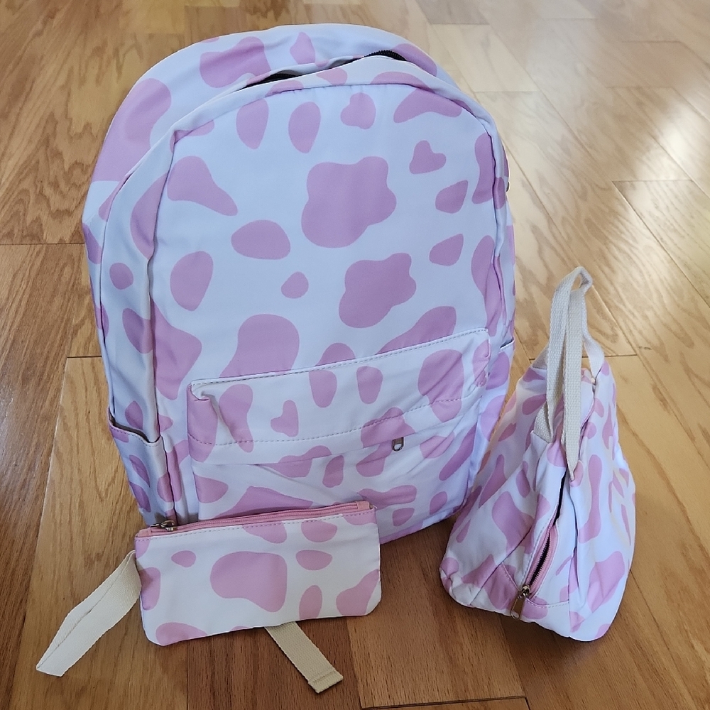 NWOT Chic Pink and White Kids Backpack Set With Insulated Lunch Bag, Pencil Case